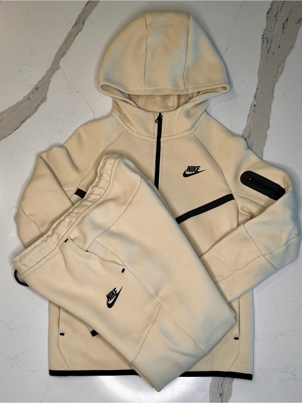 Nike Tech Kids Cream Hooded Jacket & Jogger Set with Black Accents